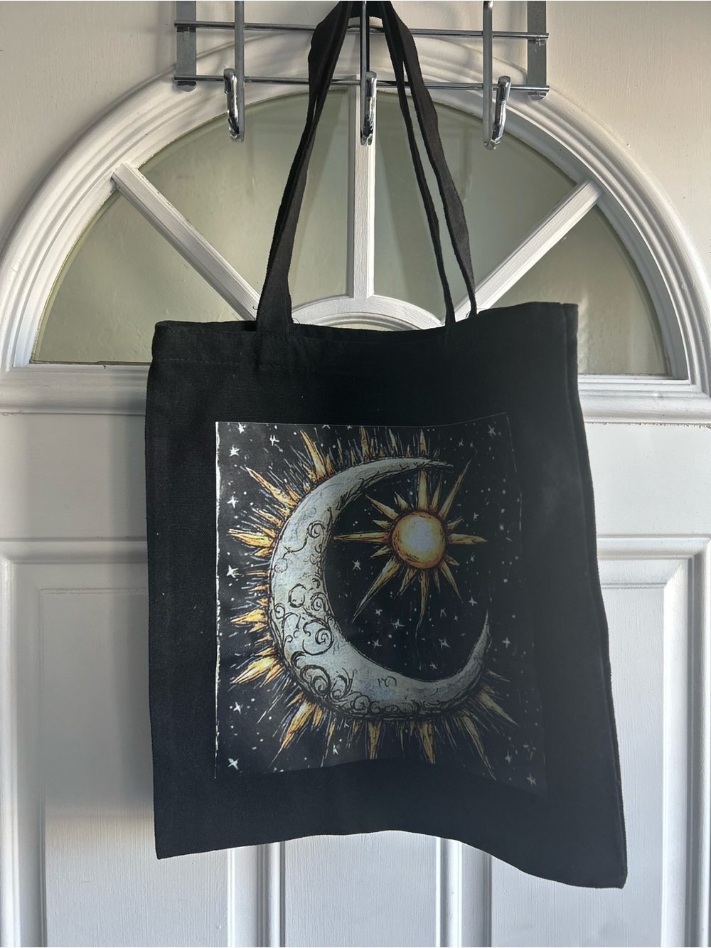Private Label Black Canvas Tote with Moon & Sun Print
